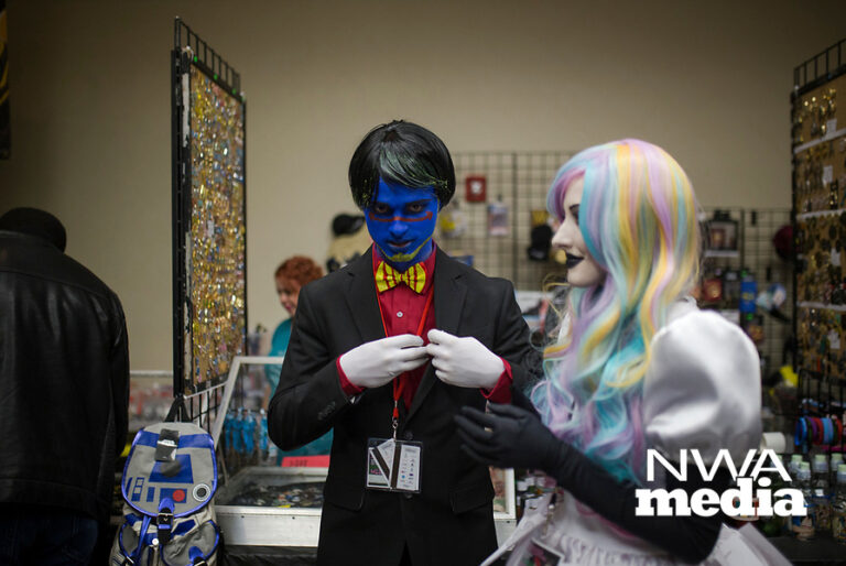 NWA Democrat-Gazette/CHARLIE KAIJO Spencer and Paige Hunt of Rogers dressed as characters from the show Don’t Hug me I’m scared shop on Sunday, November 12, 2017 at Four Points Sheraton Hotel in Bentonville. The Hotel hosted the Arkansas Anime Festival - Northwest Arkanas Edition 2017. Fans enjoyed product displays, gaming parties and artist Q&As